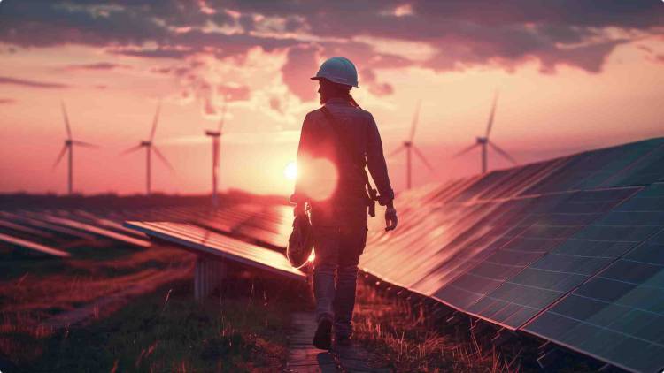 Technician Walking in Solar Farm at Sunset 1